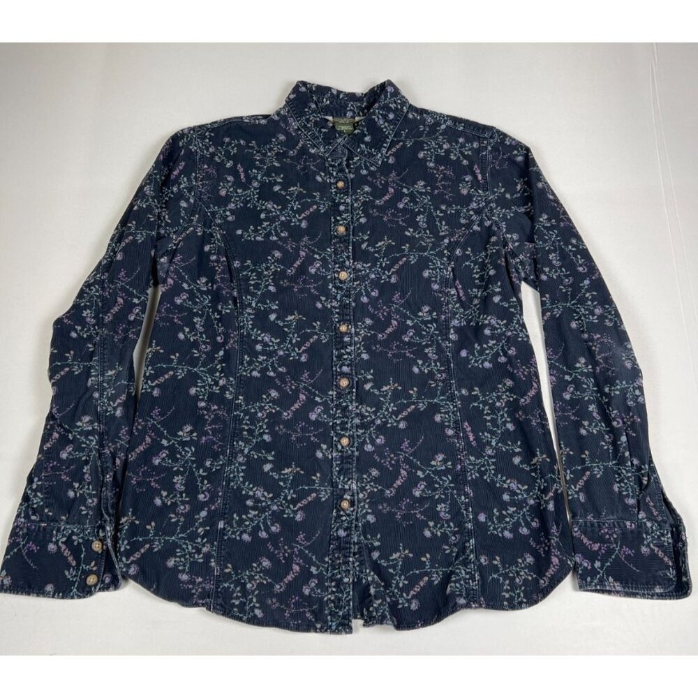 Vintage Eddie Bauer Women L Floral Corduroy Navy Long Sleeve Button Up Shirt - Picture 1 of 7